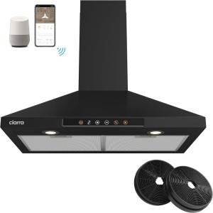imageCIARRA Black Range Hood 30 inch 450 CFM Wall Mount Range Hood with AntiFingerprint Design Stove Hood Vent for Kitchen with 3 Speed Fan Ducted and Ductless ConvertibleBlack  Smart Control  Filter